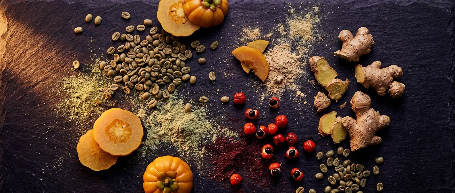 Botanical ingredients flat-lay for food supplement for energy and vitality UK